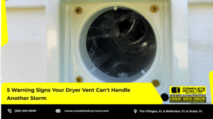 Warning signs of a clogged dryer vent failing during a storm, including poor drying and overheating.