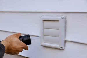 A close-up of a person's hand using a black caulking gun to apply white silicone sealant around the edges of a white plastic louvered exhaust vent on white vinyl siding and making sure its for bird-proof terminations in Florida.