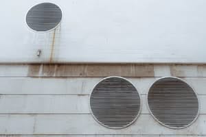 A white tiled and concrete exterior wall featuring three large circular metal ventilation grilles with horizontal slats, showing minor weathering and rust streaks in Multi-story dryer vent.