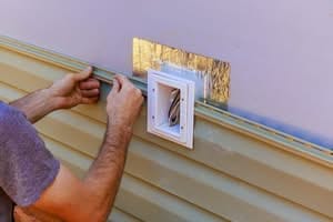 A close-up of a worker's hands precisely fitting a tan vinyl siding panel around an electrical outlet box on the exterior wall of a house during a renovation project and recessed dryer vent box installation.