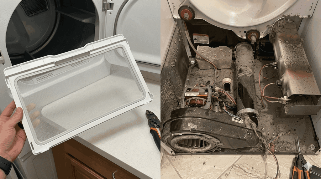 Dryer Vent Safety Inspections Sumter County: Expert Proven Guide 2 A side-by-side comparison showing a clean, white dryer lint screen on the left and the internal components of a disassembled dryer heavily coated in hazardous lint and dust on the right.
