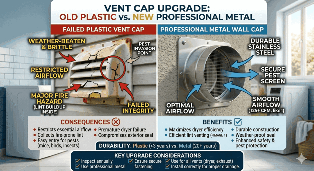 Stop the Humidity: Upgrading Your Exterior Vent Terminations in Citrus County 2 Infographic comparing a broken, brittle plastic dryer vent cap with a durable stainless steel professional metal wall cap featuring a pest screen.
