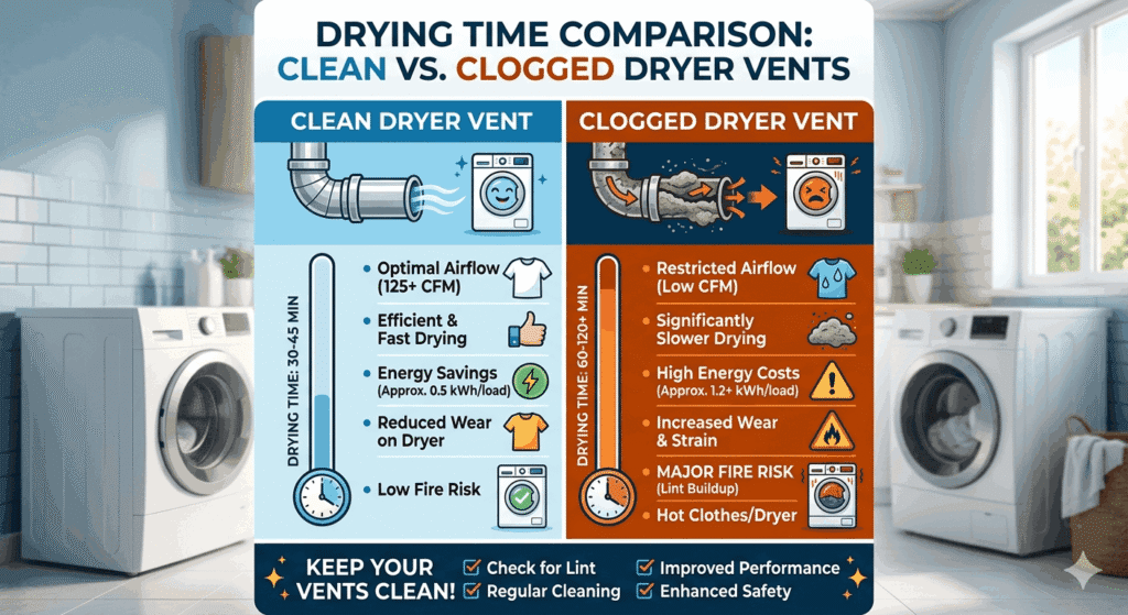 Condo and Townhome Dryer Vent Cleaning Clermont: Ultimate Expert Guide 3 Infographic comparing clean vs. clogged dryer vents, showing that clean vents offer 30-45 minute drying times and low fire risk, while clogged vents result in 60-120+ minute drying times and high fire hazards.