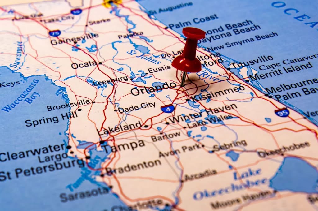 The Benefits of a CSIA-Certified Dryer Vent Specialist 3 Red push pin on a Florida map marking the Central Florida service area for certified dryer vent cleaning in Marion, Lake, Sumter, and Citrus Counties.