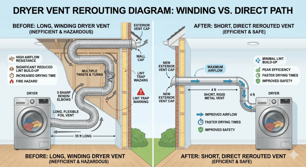 Dryer Vent Rerouting for Better Airflow Leesburg: The Ultimate Proven Solution 2 A comparison diagram showing an inefficient, long, winding flexible foil dryer vent versus a short, direct rerouted rigid metal vent for improved home safety and drying speed.