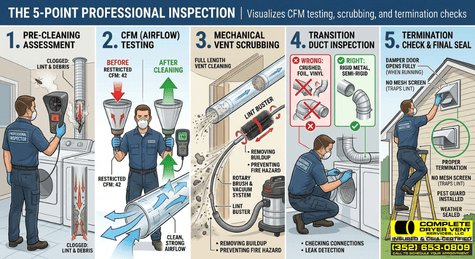 Why May is the Best Month for Professional Dryer Vent Cleaning 3 An infographic illustrating the 5-point professional dryer vent inspection including airflow testing and mechanical scrubbing for a vent cleaning service in Ocala, FL.