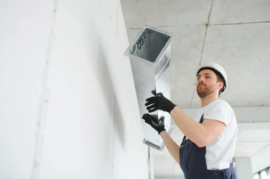 Dryer Vent Rerouting for Better Airflow Leesburg: The Ultimate Proven Solution 3 A professional HVAC technician wearing a white hard hat and gloves lifting a rectangular galvanized steel air duct into place during a commercial ventilation installation.