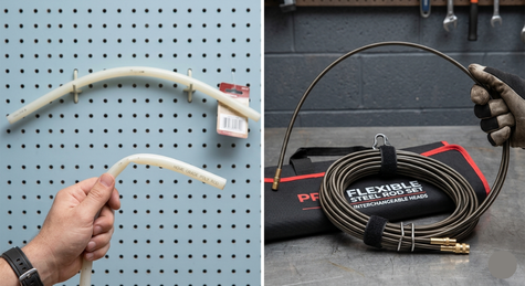 A comparison of flimsy white plastic DIY vent rods versus a heavy-duty professional flexible steel rod set used for dryer vent cleaning in Clermont, FL.