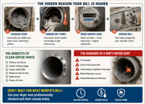 An informational infographic guide from Complete Dryer Vent explaining how a clogged lint line leads to a high electric bill for homeowners in The Villages, Florida.