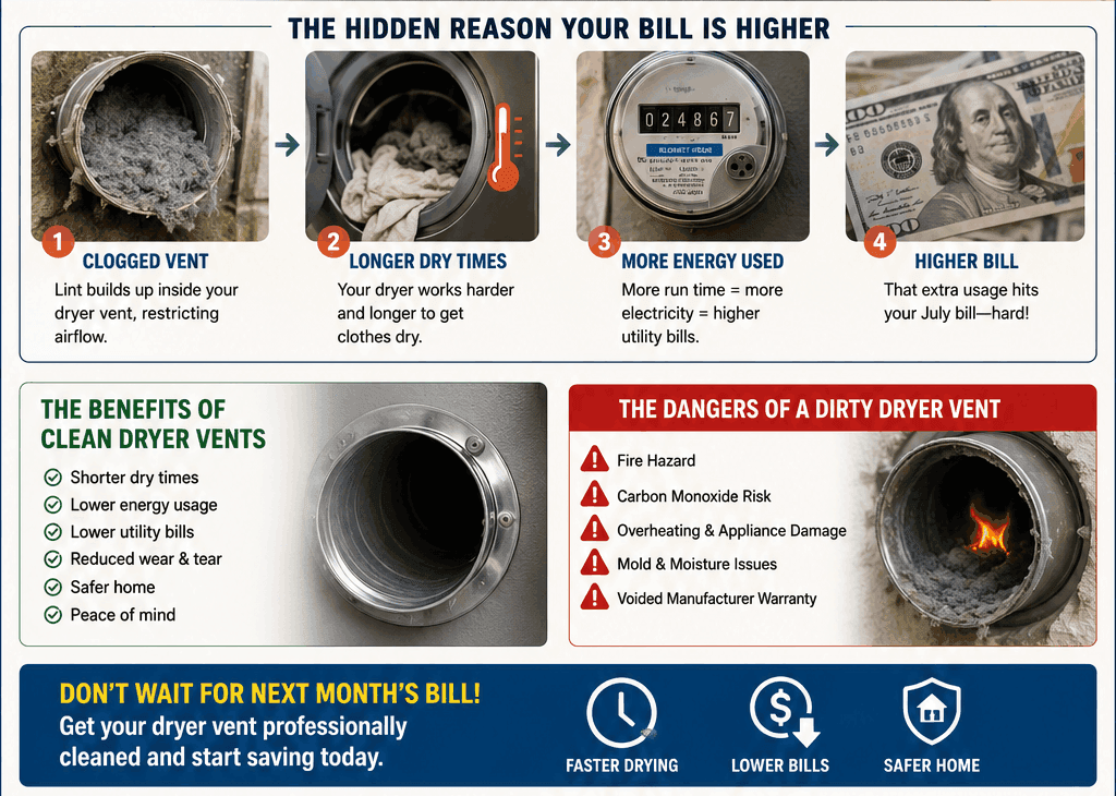 Dryer Vent Cleaning: Stop Your July Bill From Spiking 1 An informational infographic guide from Complete Dryer Vent explaining how a dryer vent cleaning secrets a clogged lint line leads to a high electric bill for homeowners in The Villages, Florida.