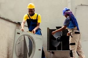 HVAC technicians performing professional AC repair and maintenance on equipment in Ocala, FL. Commercial dryer vent cleaning