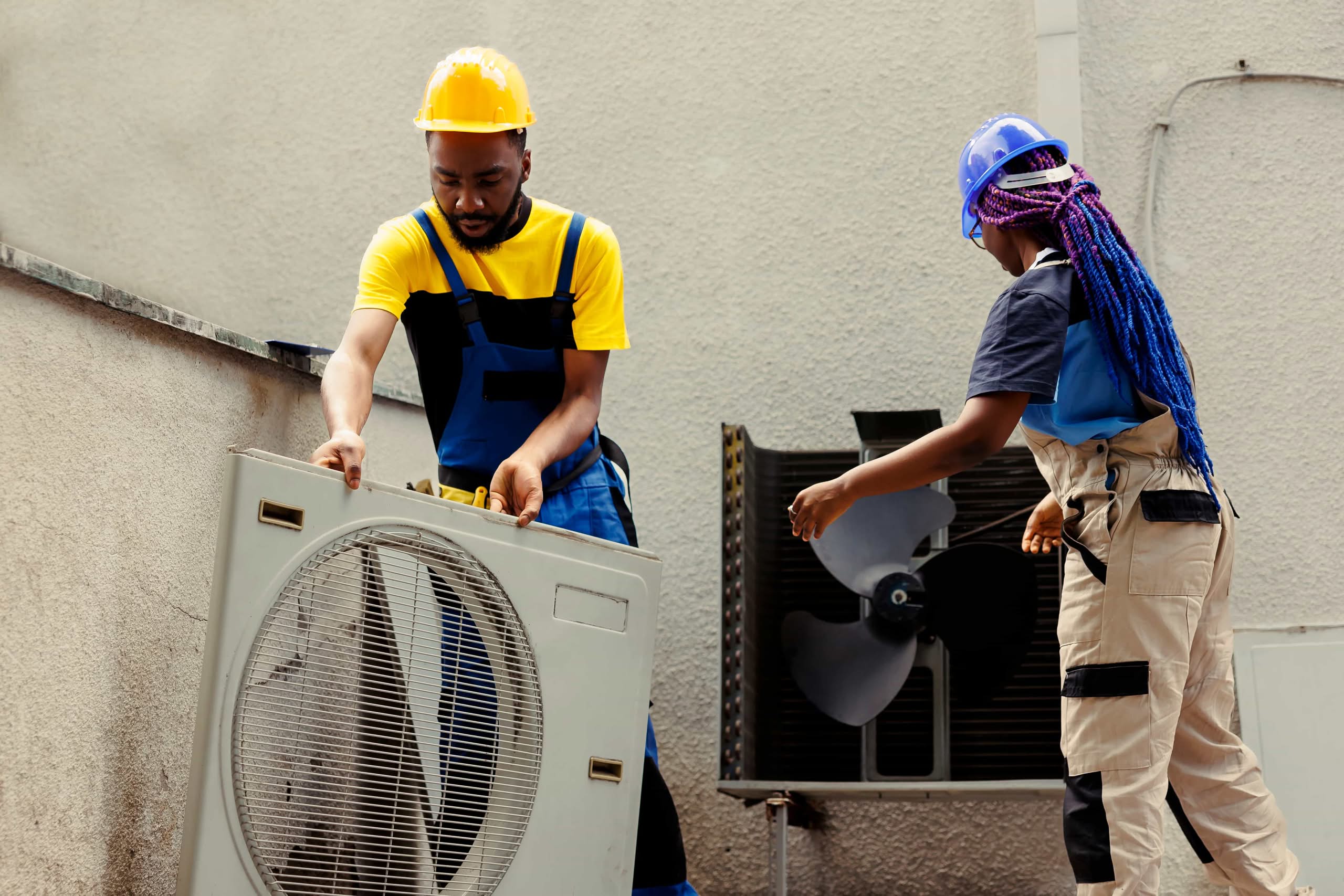 Commercial Dryer Vent Cleaning: Fire Safety & Compliance Guide 1 HVAC technicians performing professional AC repair and maintenance on equipment in Ocala, FL.