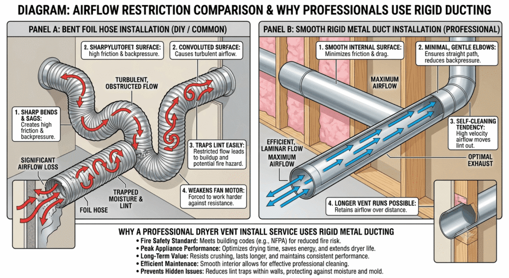 A diagram comparing inefficient foil hose installations to professional rigid metal dryer ducting services in Ocala, FL.