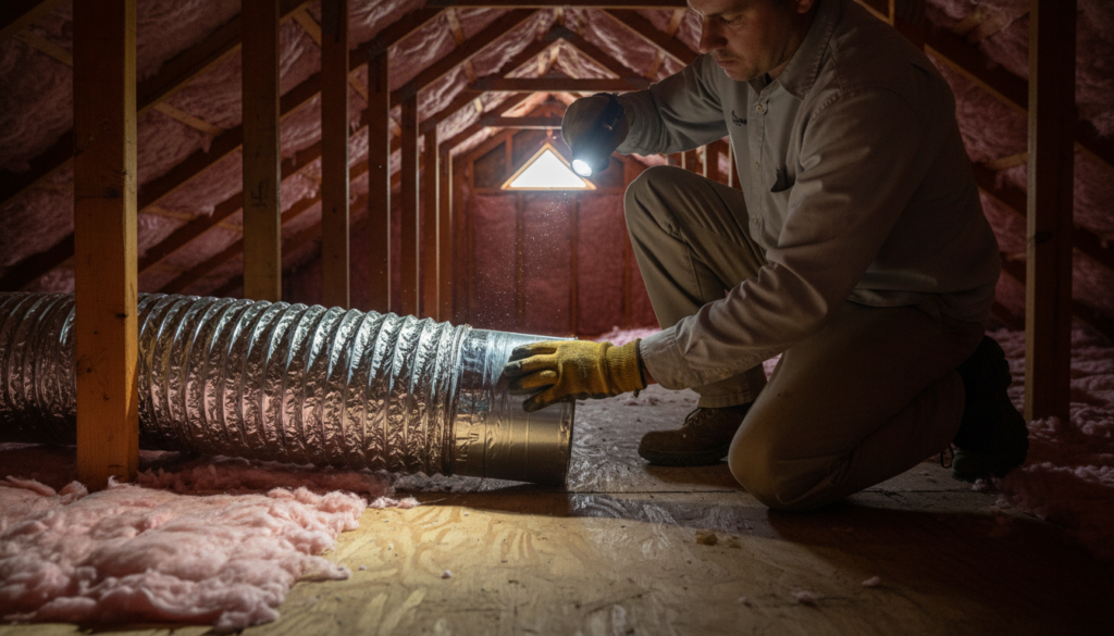 Air Duct Sealing in The Villages, FL: A Homeowner's Safety Guide for 2026 1 technician sealing an exhaust duct joint during air duct sealing in The Villages FL