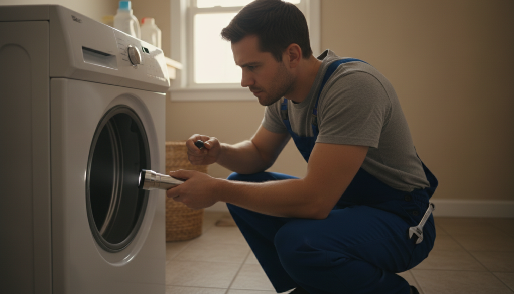 technician inspecting dryer vent because clothes smell burnt after drying
