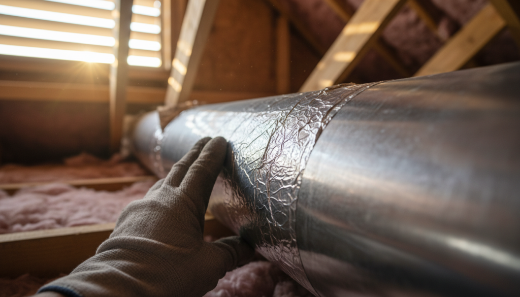 Air Duct Sealing in The Villages, FL: A Homeowner's Safety Guide for 2026 2 rigid metal duct joint sealed with foil tape after air duct sealing the Villages FL service call