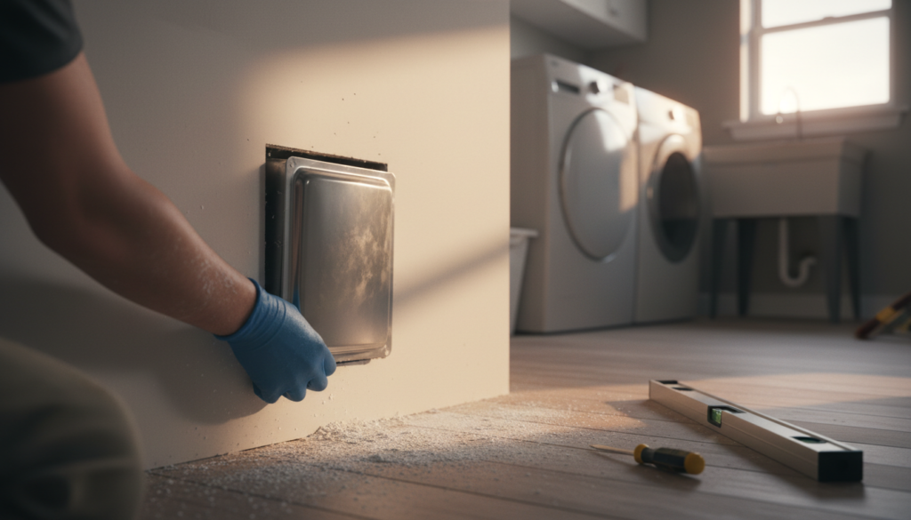 dryer vent box installation showing recessed outlet in a laundry room wall