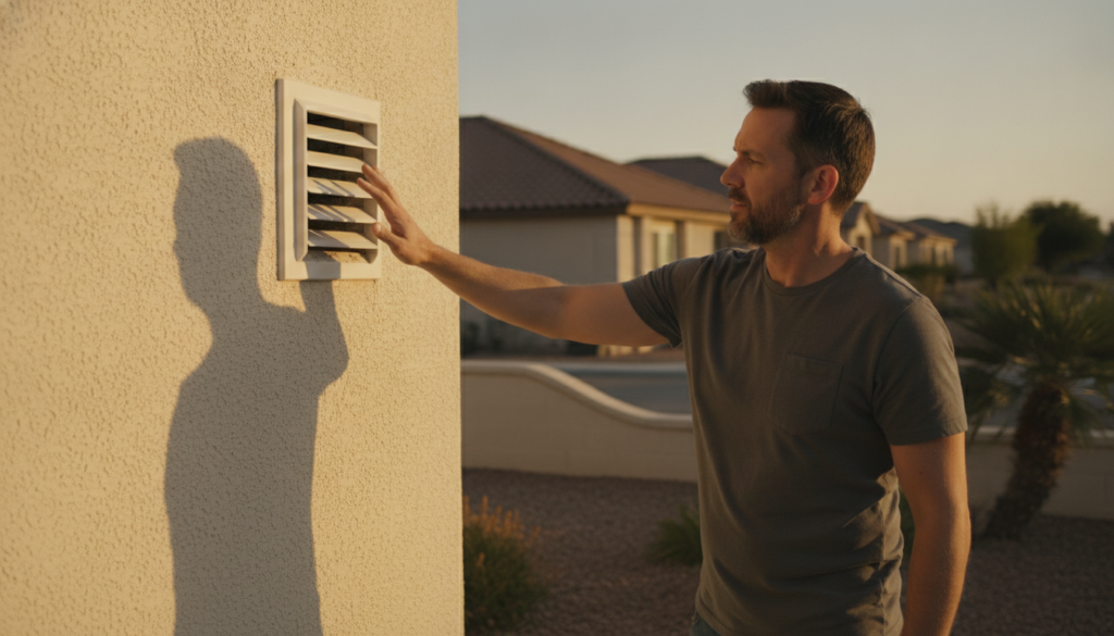 When Your Blow Dryer Smells Like Burning: A 2026 Homeowner Safety Guide 2 homeowner checking exterior dryer vent cover for weak airflow