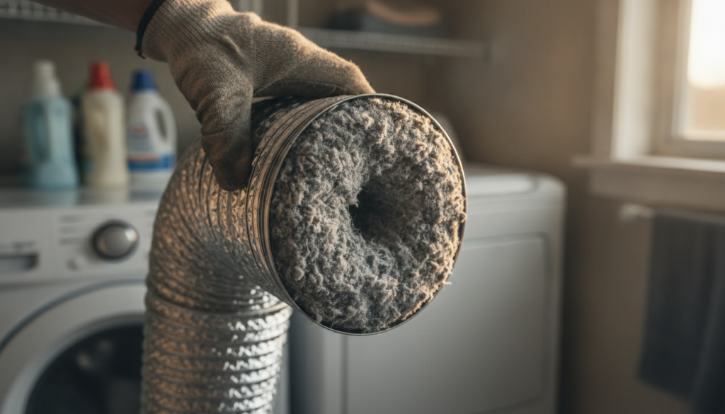 lint buildup found inside a blocked dryer duct during inspection