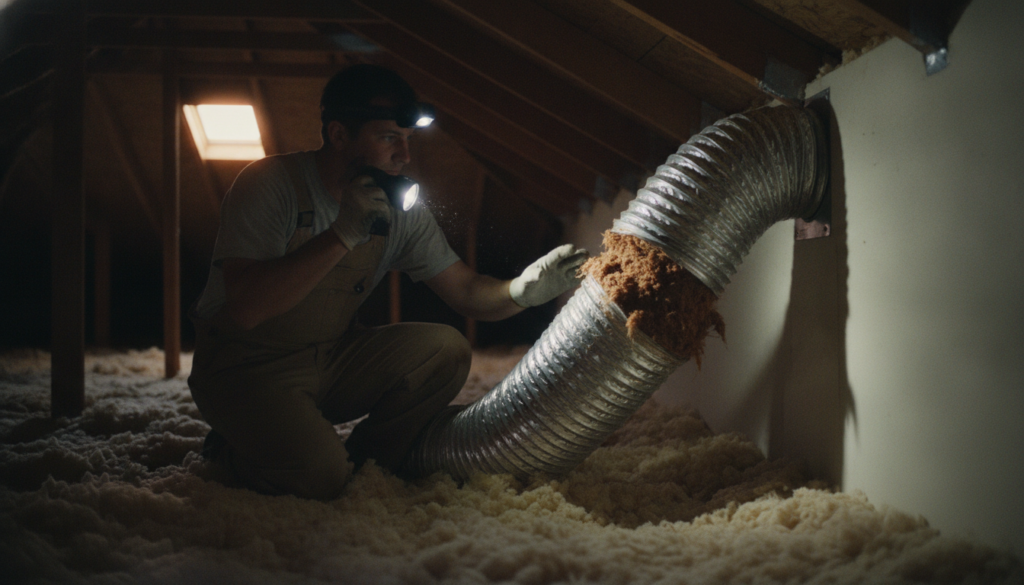 Finding Reliable Dryer Duct Replacement Near Me in Marion & Sumter County 1 technician inspecting a damaged dryer duct vent before replacement