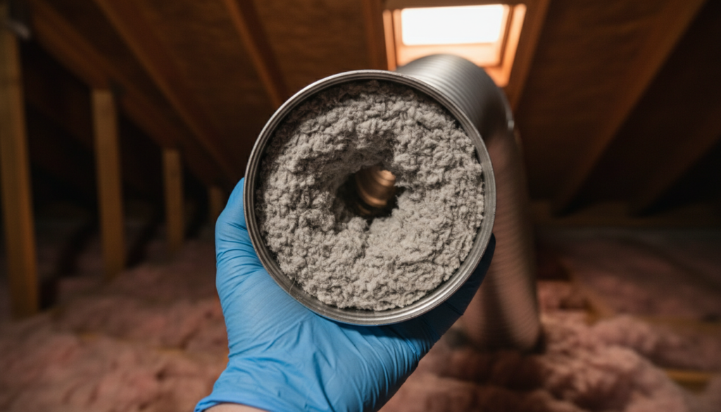 Clothes Come Out of Dryer Smelling Burnt: A 2026 Homeowner's Fix Guide 1 technician inspecting a lint-clogged dryer vent duct that causes clothes to come out of dryer smelling burnt