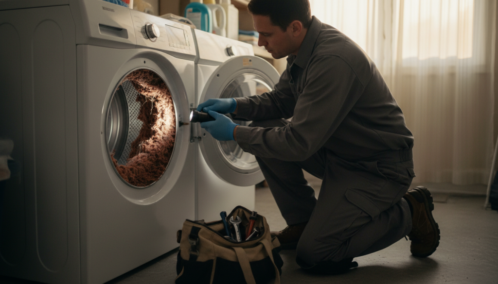 When Your Blow Dryer Smells Like Burning: A 2026 Homeowner Safety Guide 1 technician inspecting dryer vent duct for lint buildup causing blow dryer smells like burning