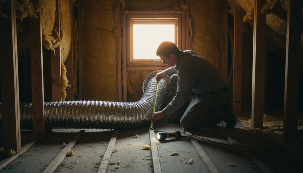 What the Dryer Duct Length Code Means for Your Home's Safety 1 technician measuring a dryer duct length code compliant vent run in an attic