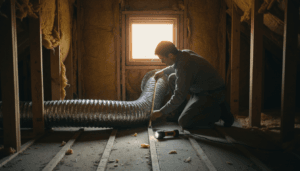 technician measuring a dryer duct length code compliant vent run in an attic