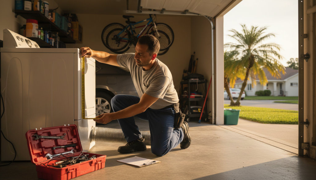 technician measuring dryer ducting code compliance in a Florida garage