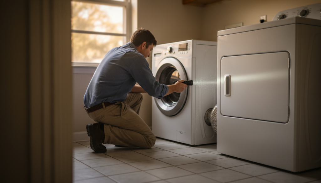 Finding Reliable Dryer Hose Cleaning Near Me in Central Florida 1 technician performing dryer hose cleaning near me in a Central Florida laundry room