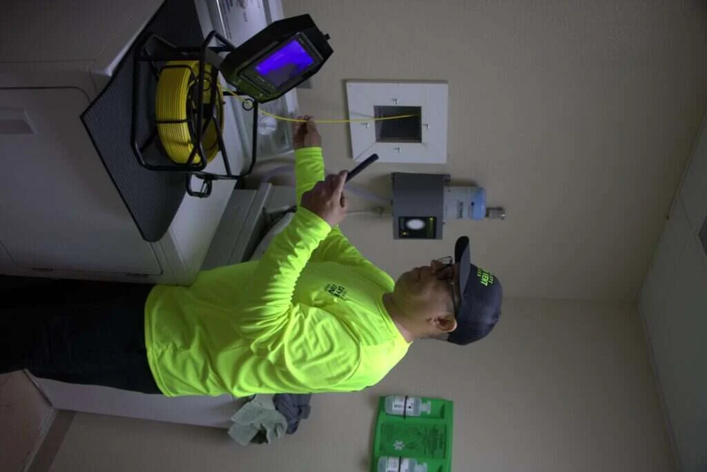 CSIA certified technician inspecting dryer duct for burning smell cause